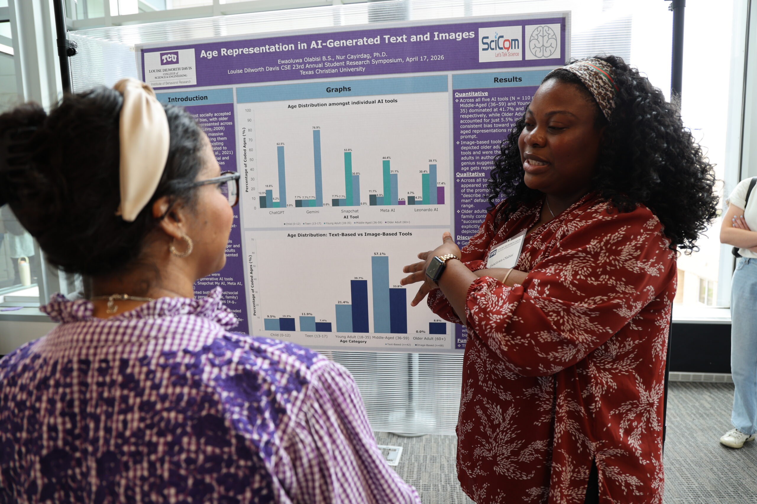 Presenter discussing research findings beside a scientific poster